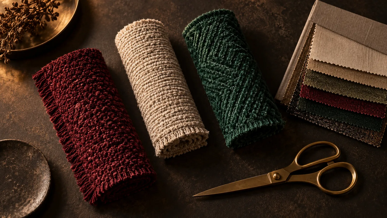 Illustrative rolled textile samples in burgundy, cream and green