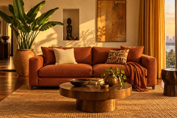 Illustrative rust fabric sofa in a Lagos-inspired living room with warm sunset light