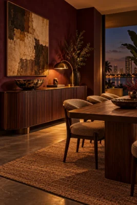 Illustrative walnut sideboard in a plum Lagos dining room at evening