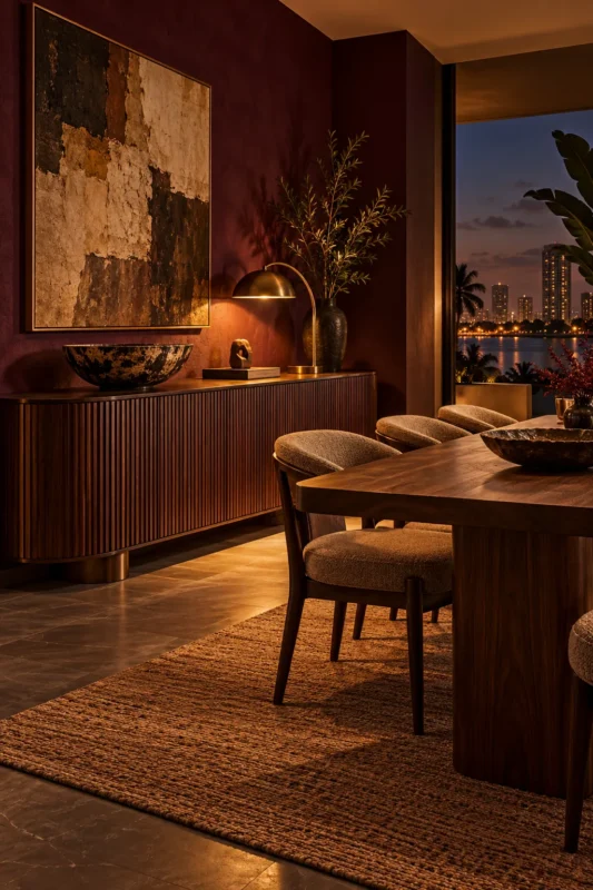 Illustrative walnut sideboard in a plum Lagos dining room at evening
