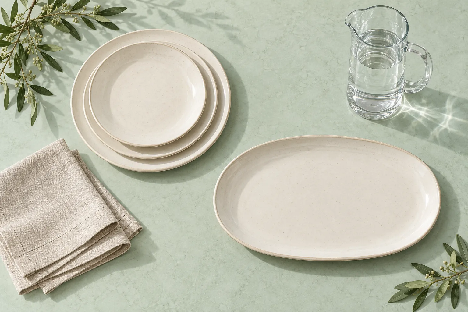 Ivory plates, linen and clear jug arranged on a pale mint worktop