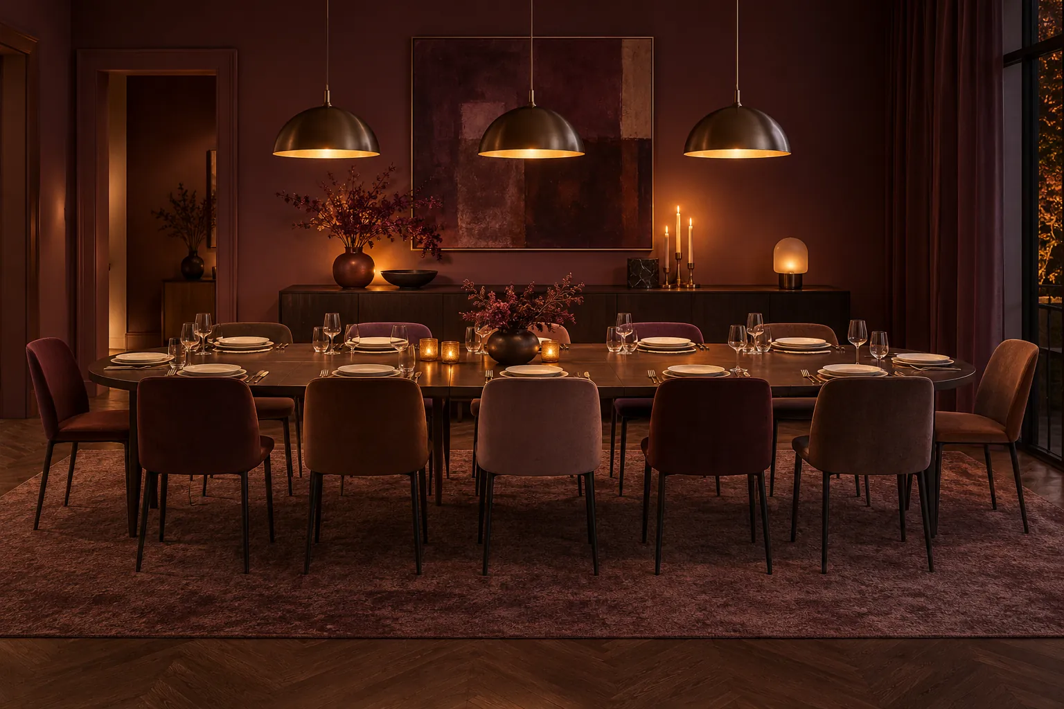 Long dining table set beneath pendant lights in a dark dining room