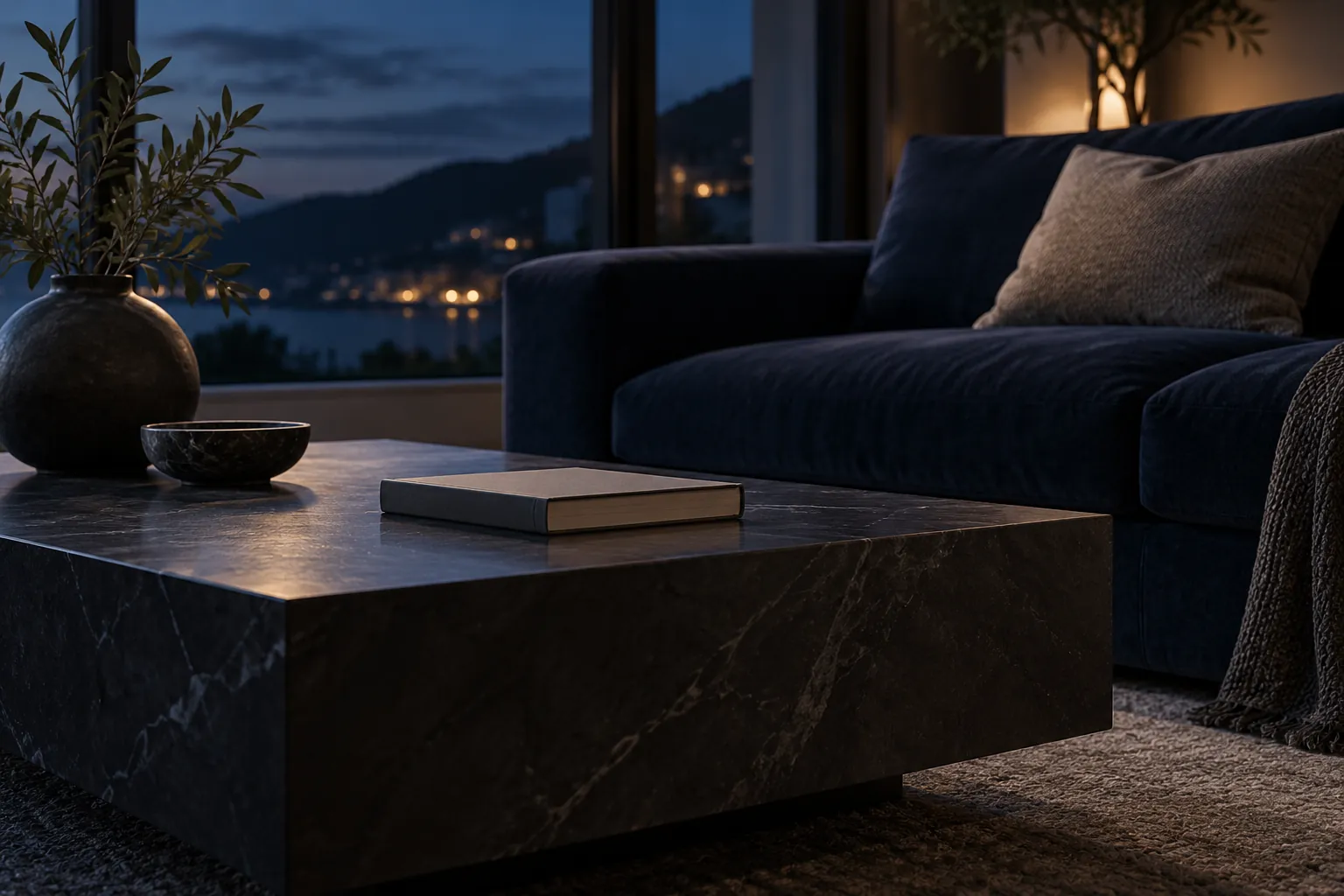 Low view of a charcoal coffee table beside a navy sofa
