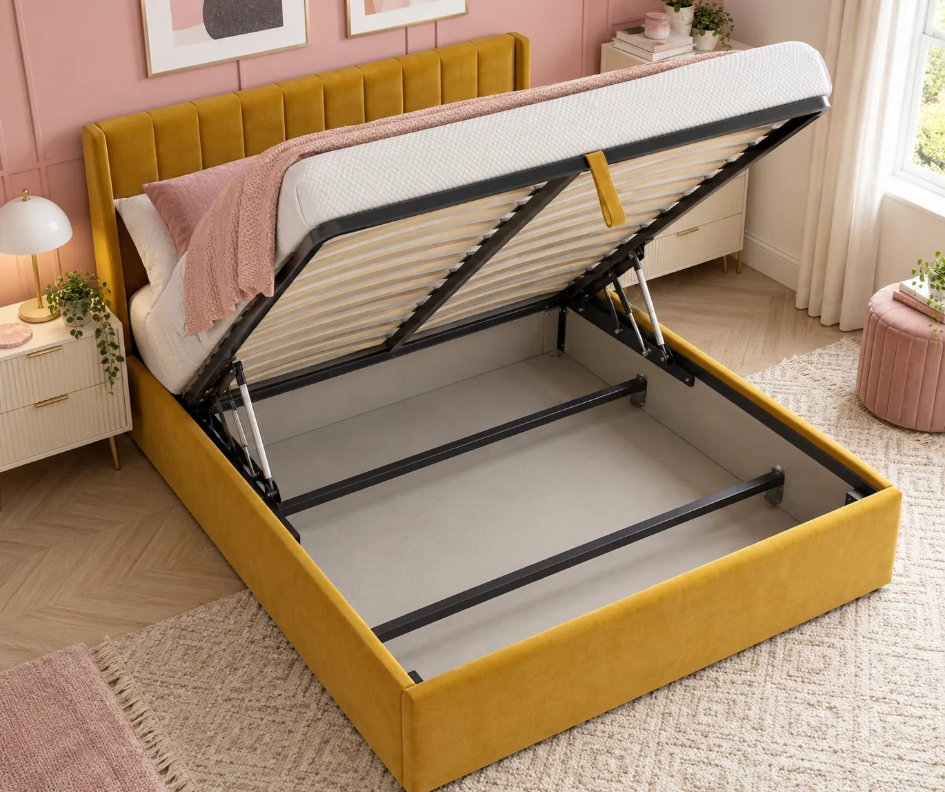 Mustard storage bed with its platform raised over an empty compartment