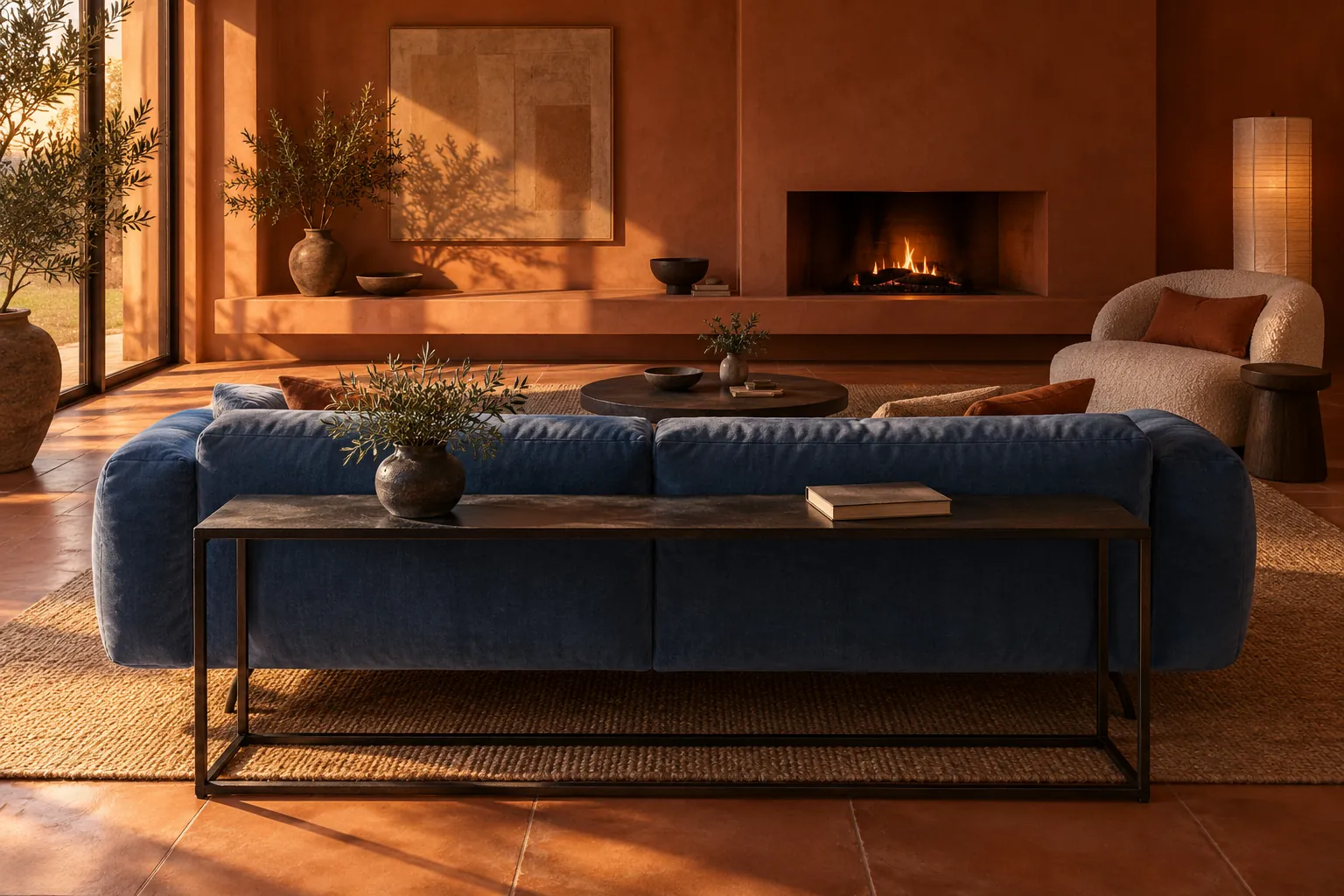 Narrow table behind a blue sofa in a terracotta living room