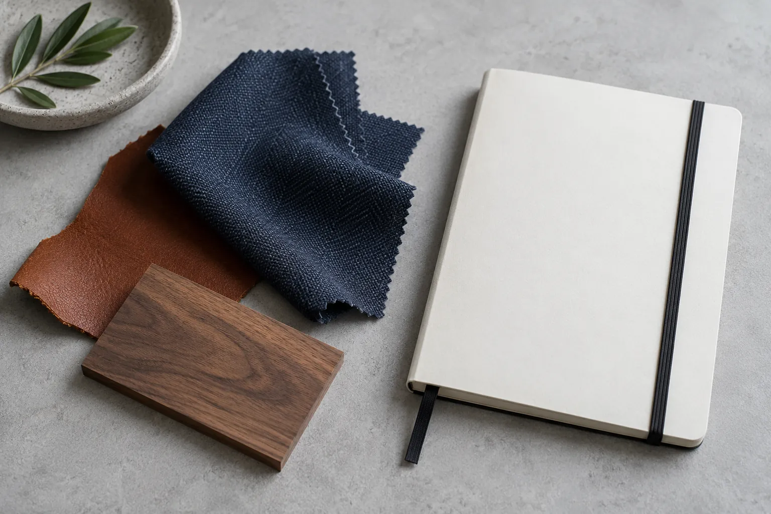 Navy fabric and brown leather samples beside a wood chip and notebook