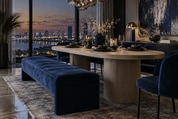 Navy upholstered bench beside a rounded timber dining table at dusk.