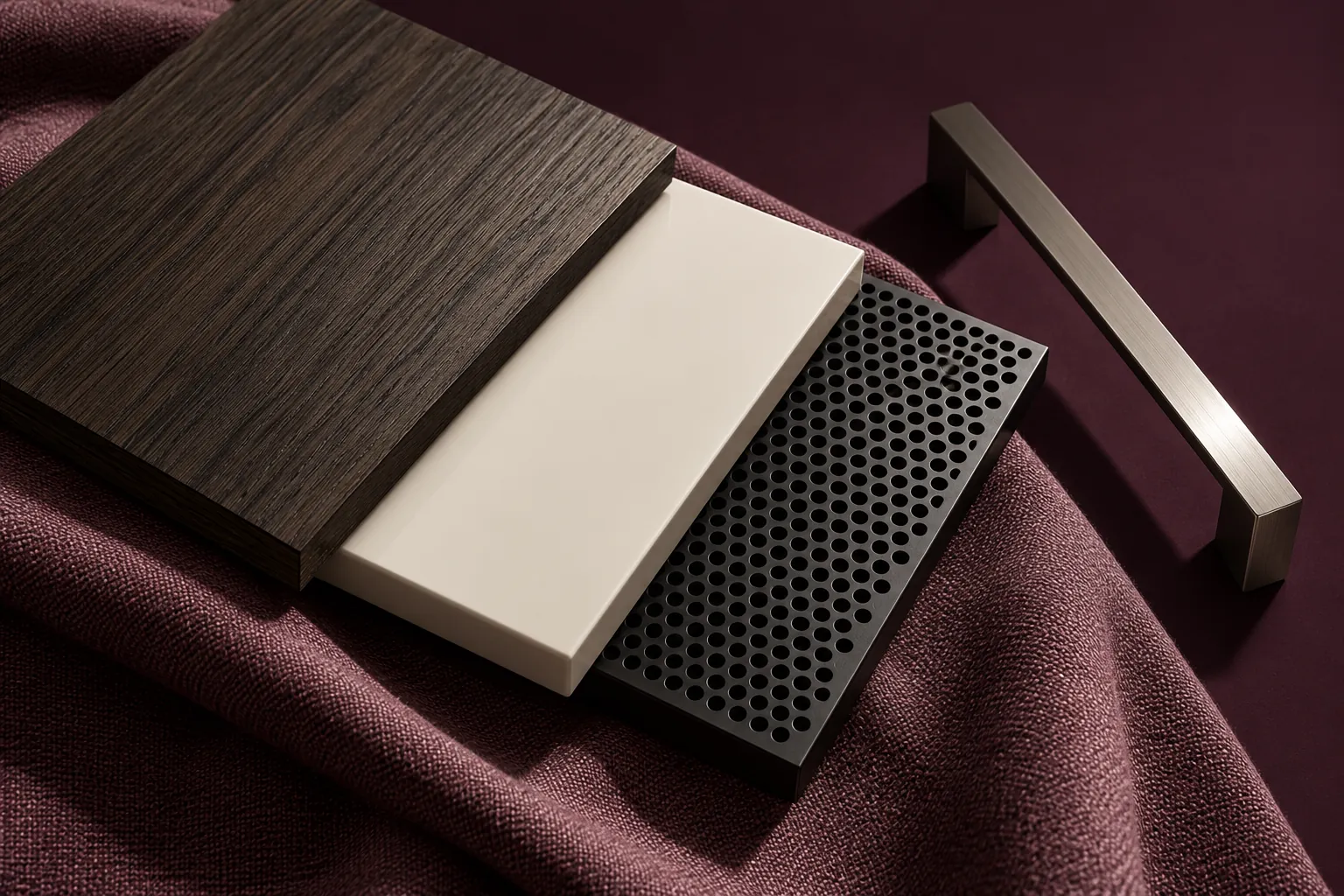 Oak, lacquer and perforated-metal samples for media cabinetry