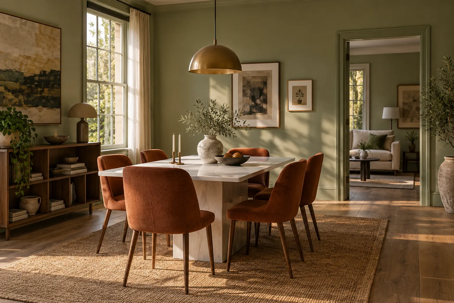 Olive-green dining room with pale rectangular table and rust-coloured chairs