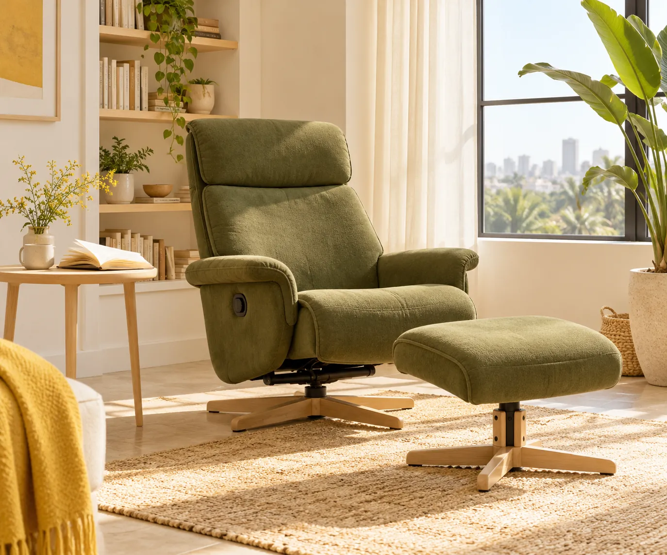 Olive lounge chair and separate ottoman in a sunny reading alcove