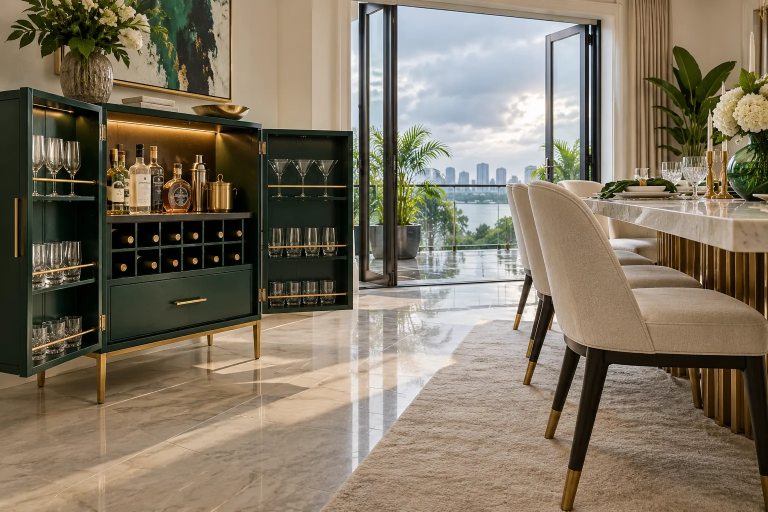 Open bar cabinet beside a bright Lagos dining room serving route