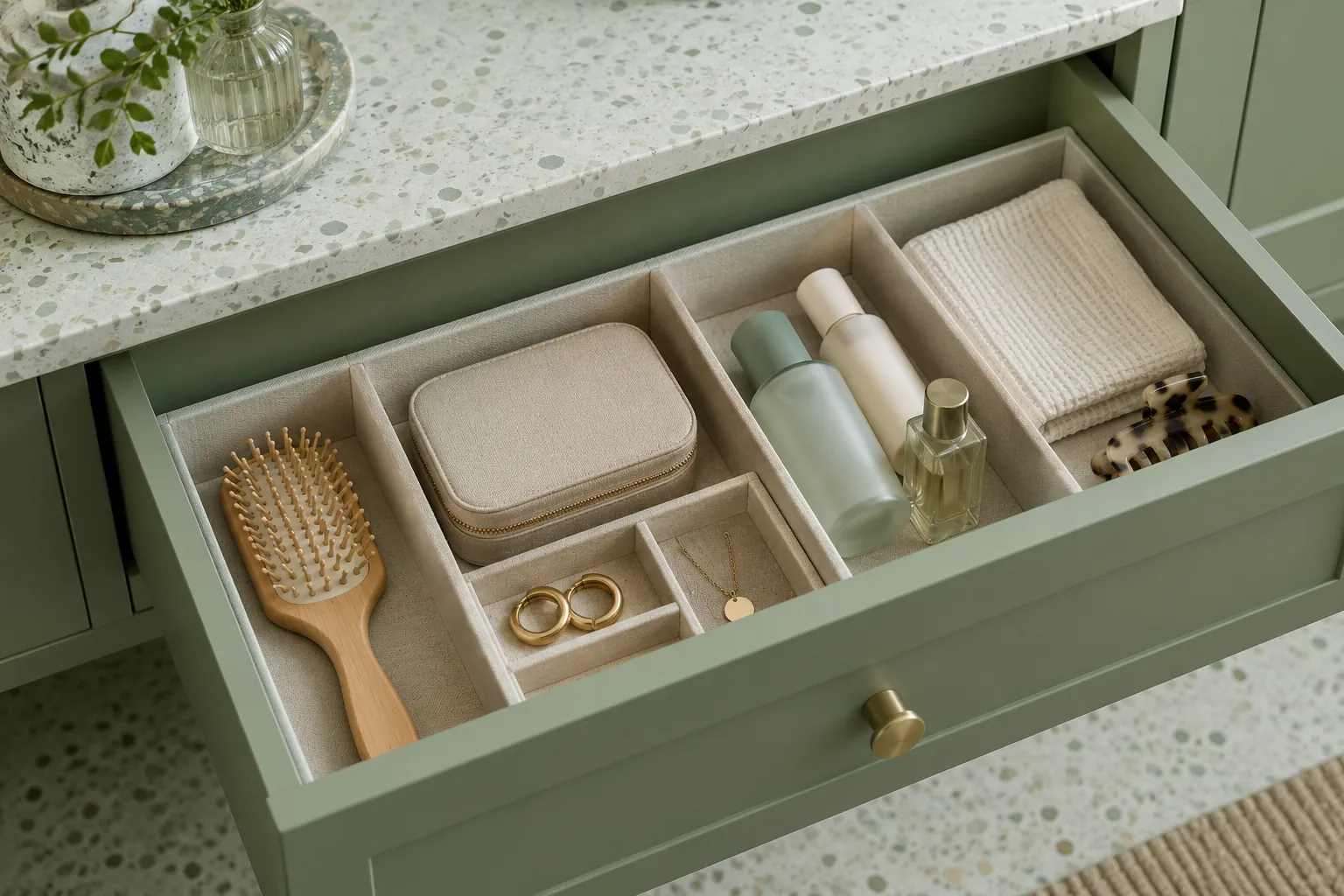Open green vanity drawer with compartments for grooming items