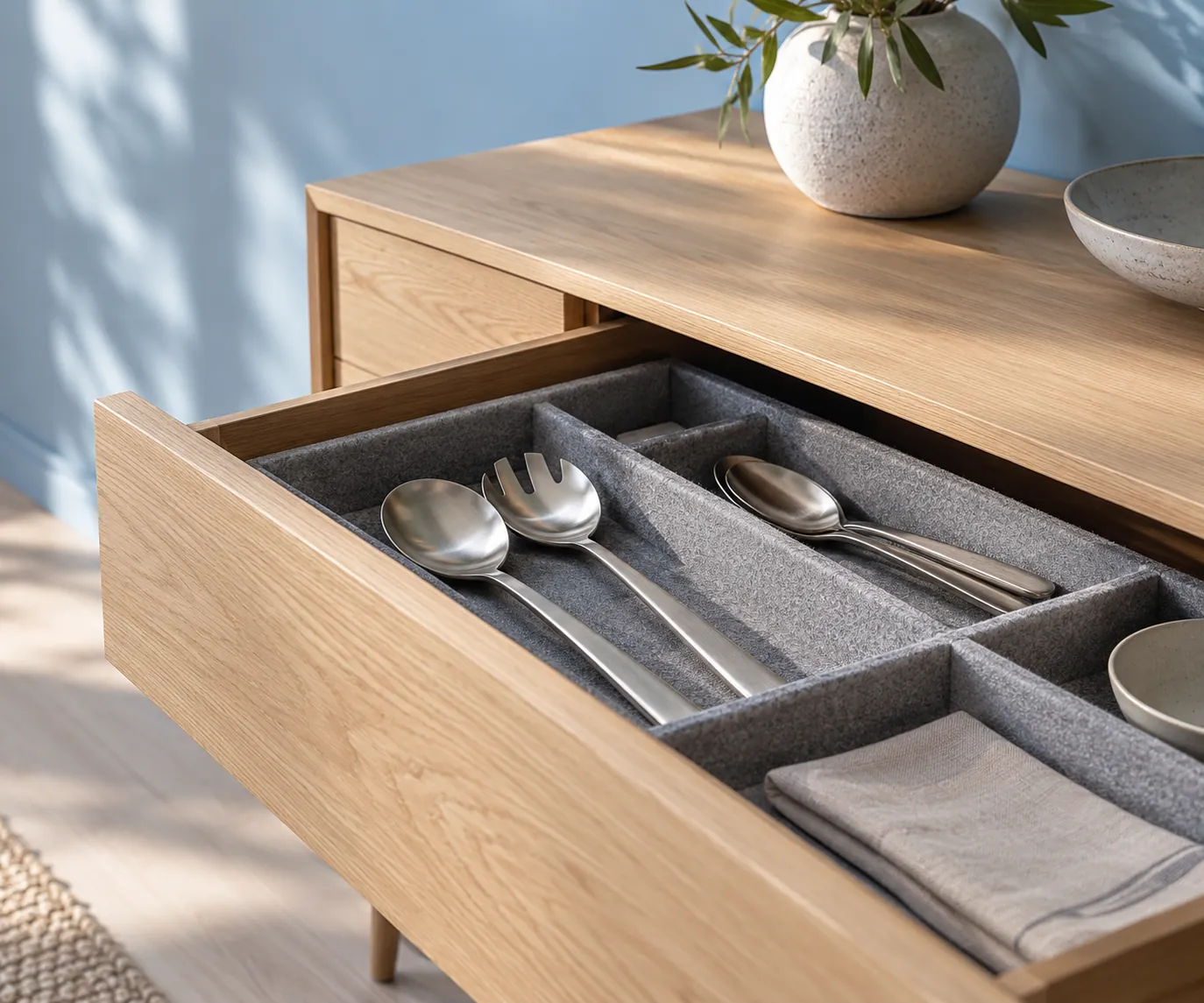 Open pale oak sideboard drawer with felt-lined cutlery compartments