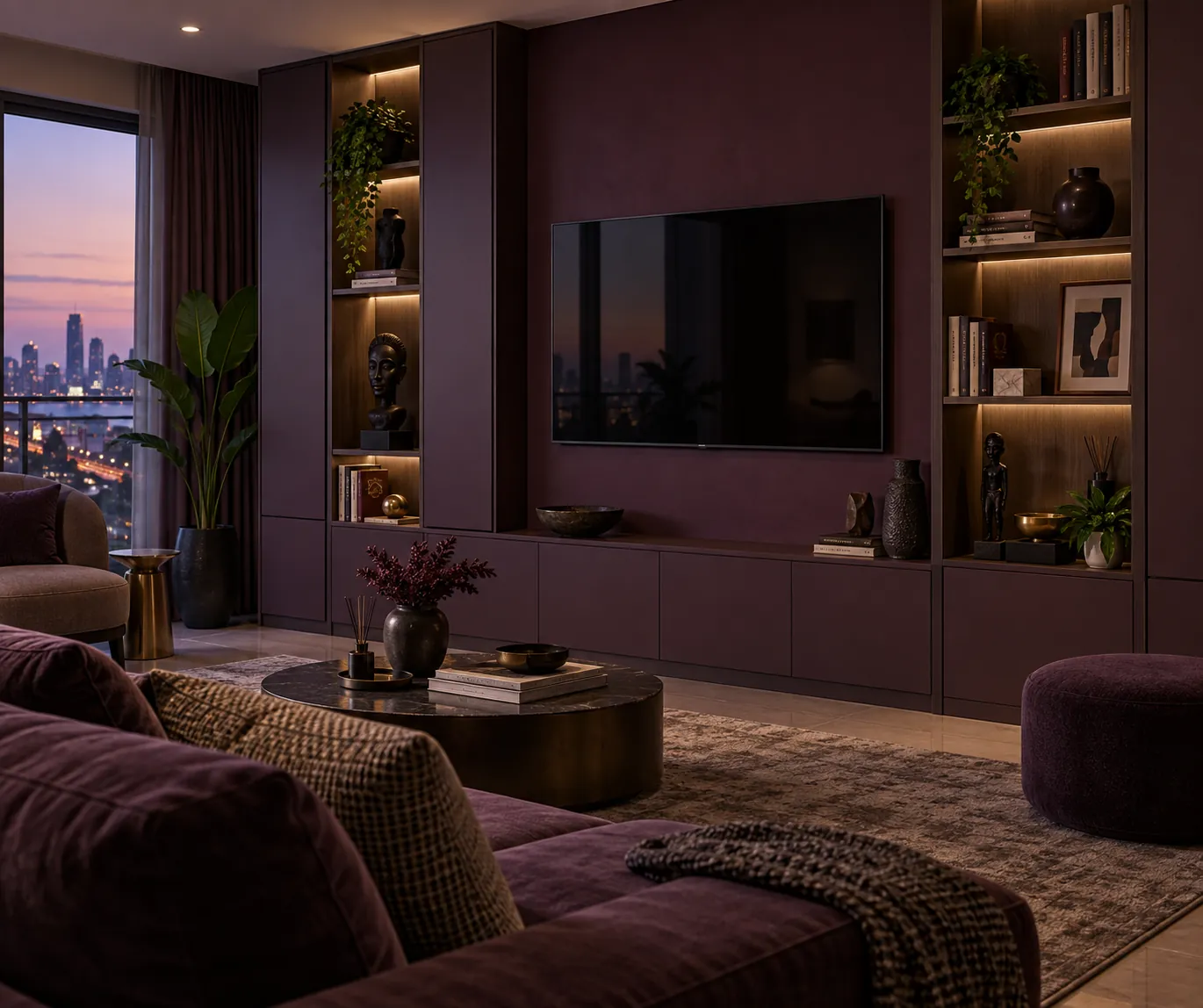 Open shelving and closed storage around a television wall at night