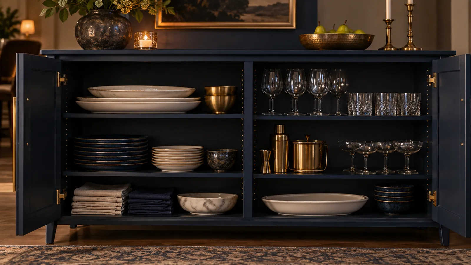 Open sideboard organised with platters, glasses and dining linen