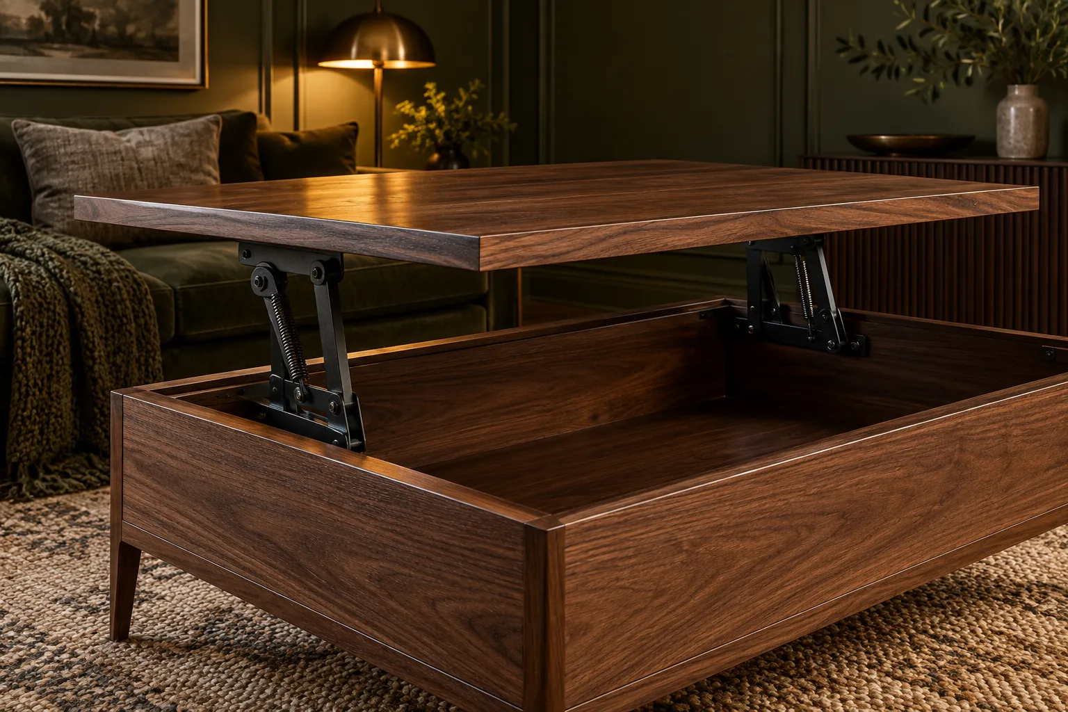 Open walnut lift-top coffee table showing storage and support hardware