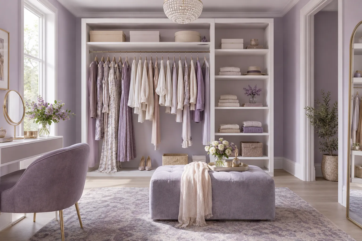Open white wardrobe with separate hanging and shelving sections
