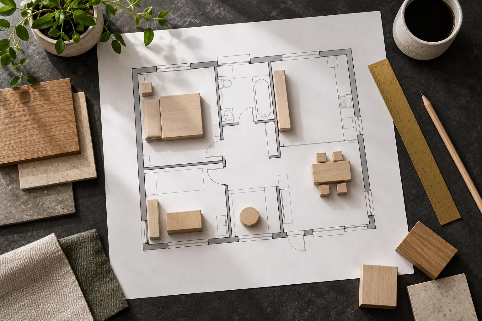 Overhead charcoal workbench with room blocks, a plain plan and brass ruler