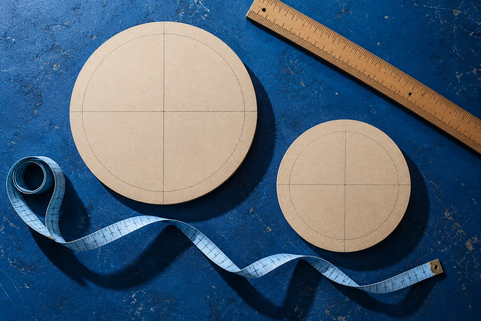 Overhead cobalt workbench with tabletop templates, ruler and measuring tape