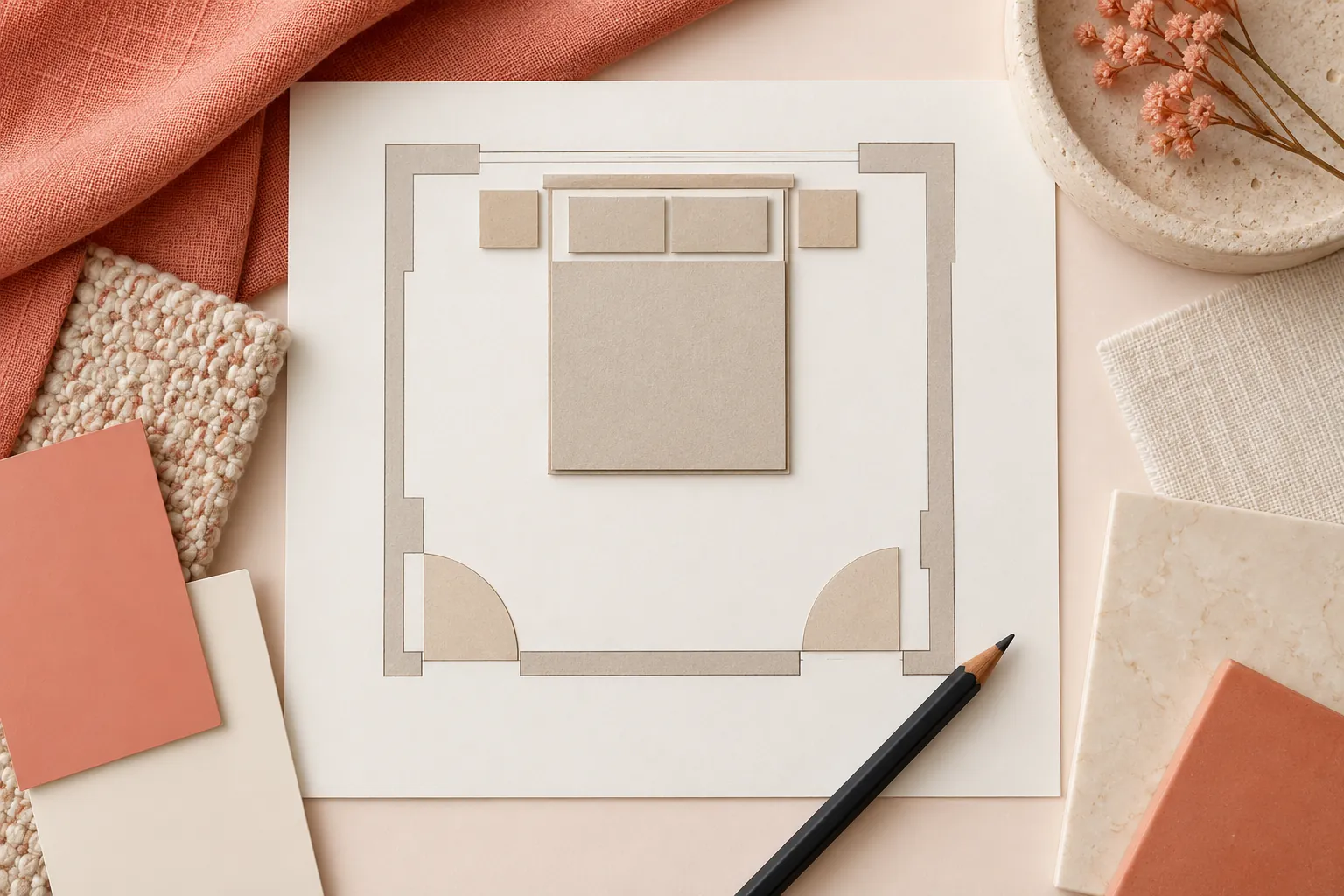 Overhead coral bedroom planning board with a cardboard bed footprint