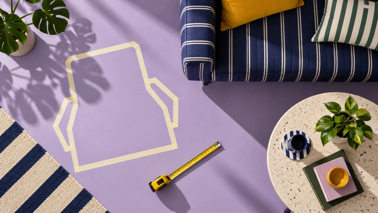 Overhead floor template for an accent chair beside a striped sofa