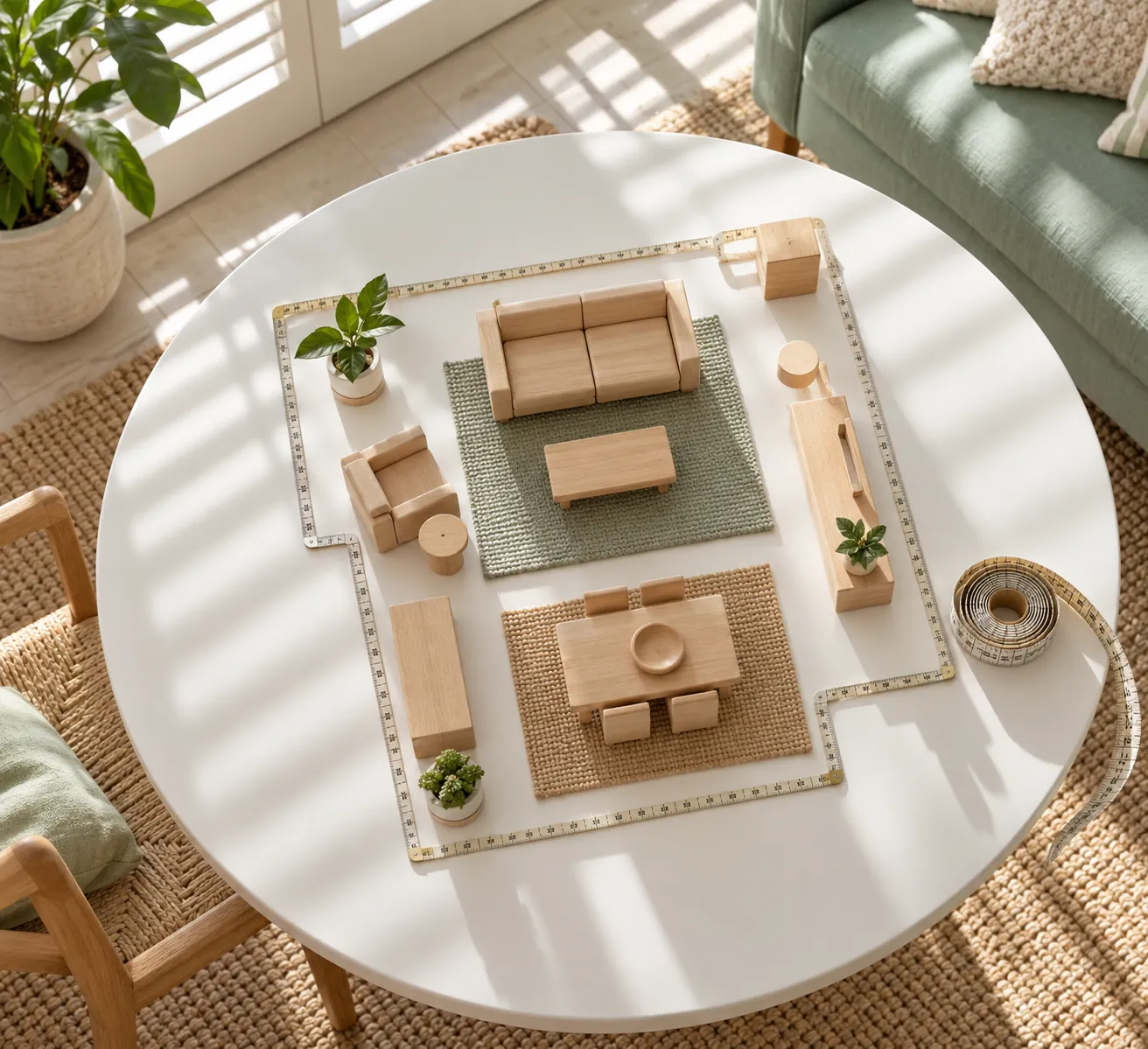 Overhead furniture-block plan on a bright white table