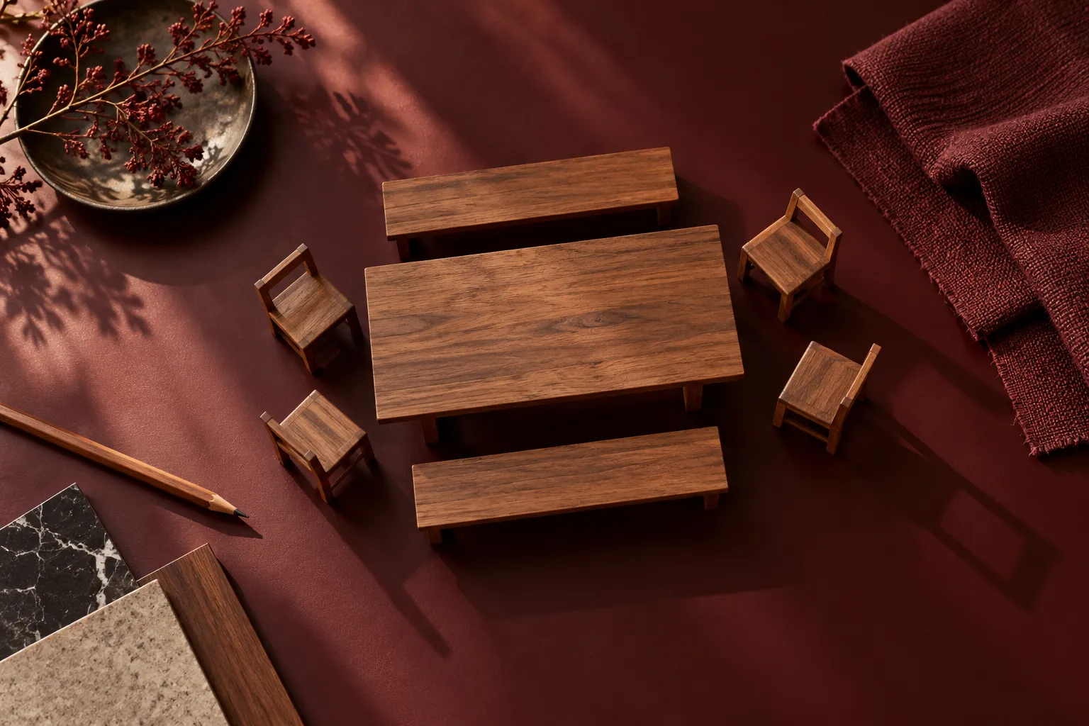 Overhead miniature dining furniture on a burgundy planning desk
