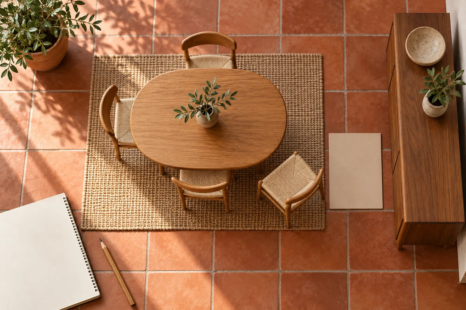 Overhead terracotta dining-layout maquette with a chair and cabinet footprint