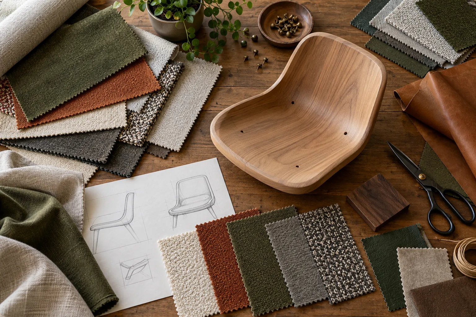 Overhead upholstery planning desk with fabric samples and a wooden seat model