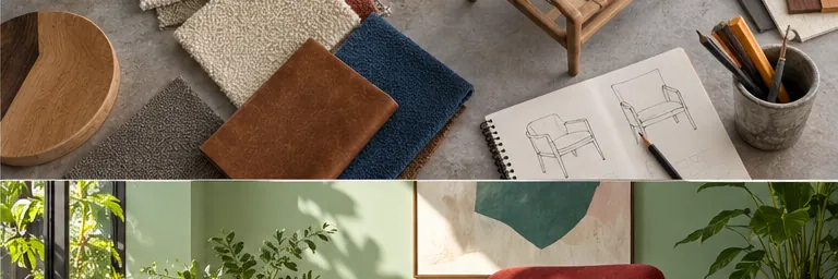 Overhead upholstery planning desk with fabric samples and a wooden seat model