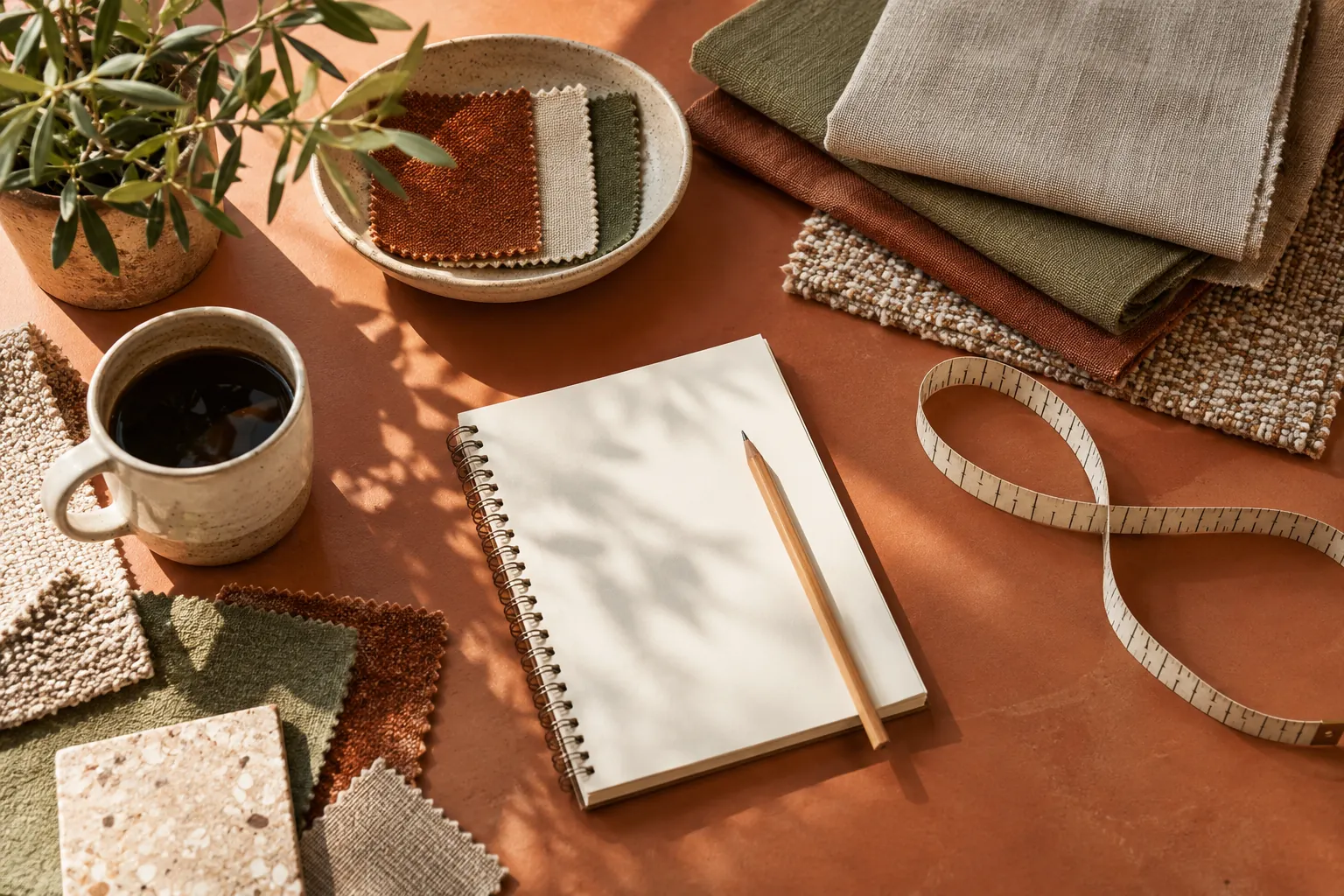 Overhead upholstery samples, notebook and tape measure on terracotta desk