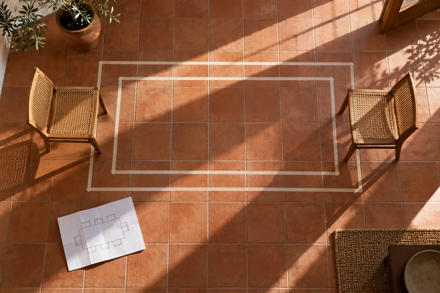 Overhead view of taped table outlines on a tiled floor with woven chairs