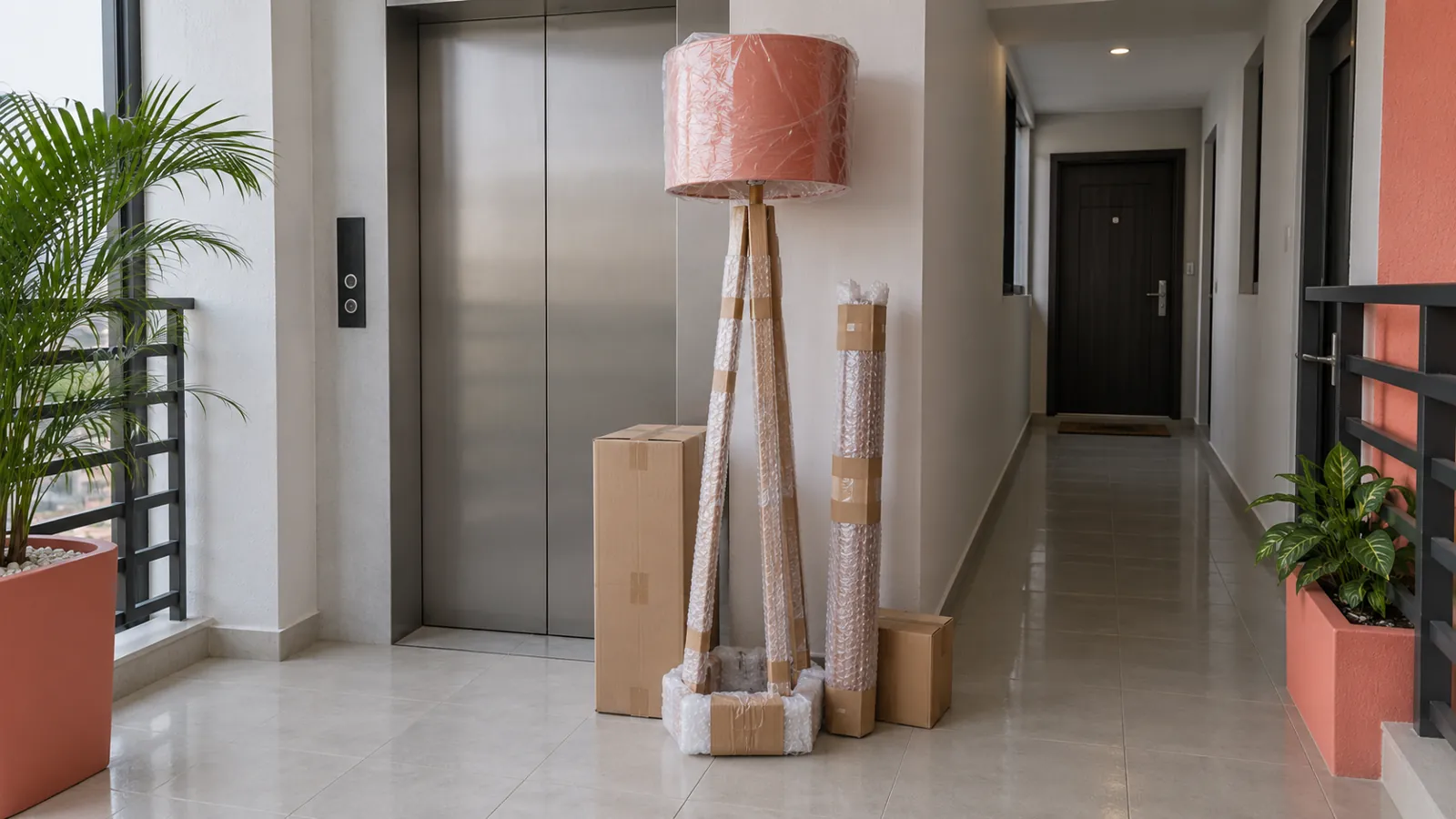 Packaged floor lamp components beside an apartment lift