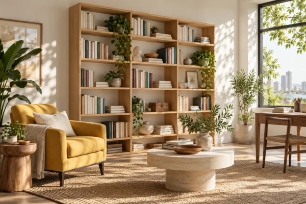 Pale oak bookcase and yellow armchair in a sunlit Lagos study