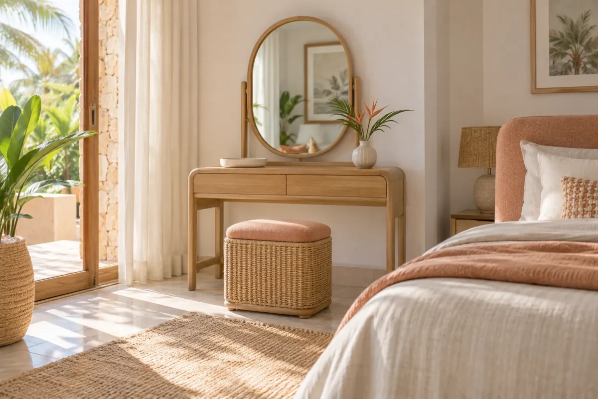 Pale wood dressing table and woven stool in a sunlit bedroom