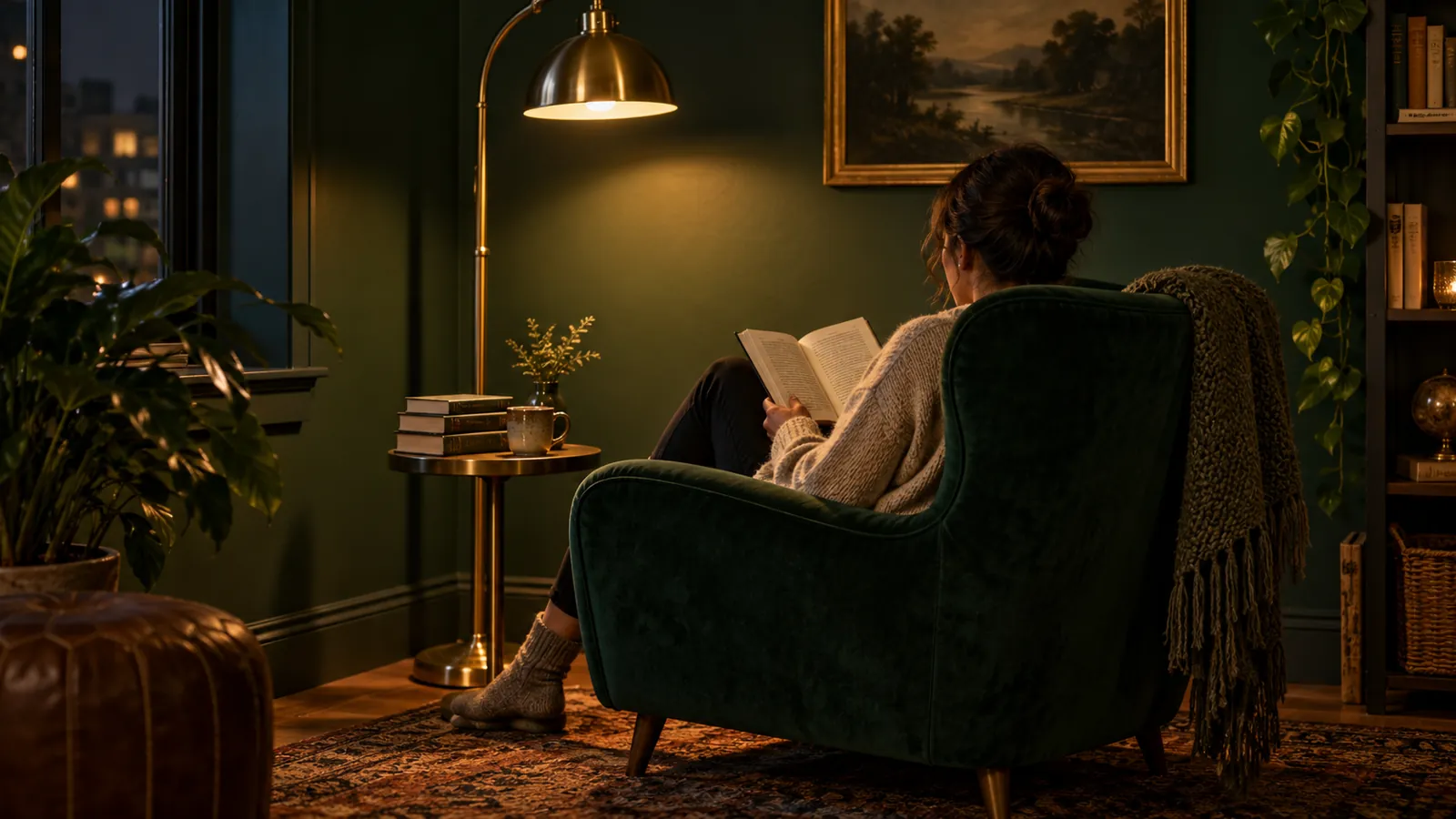 Person testing a deep green reading chair beside a brass lamp