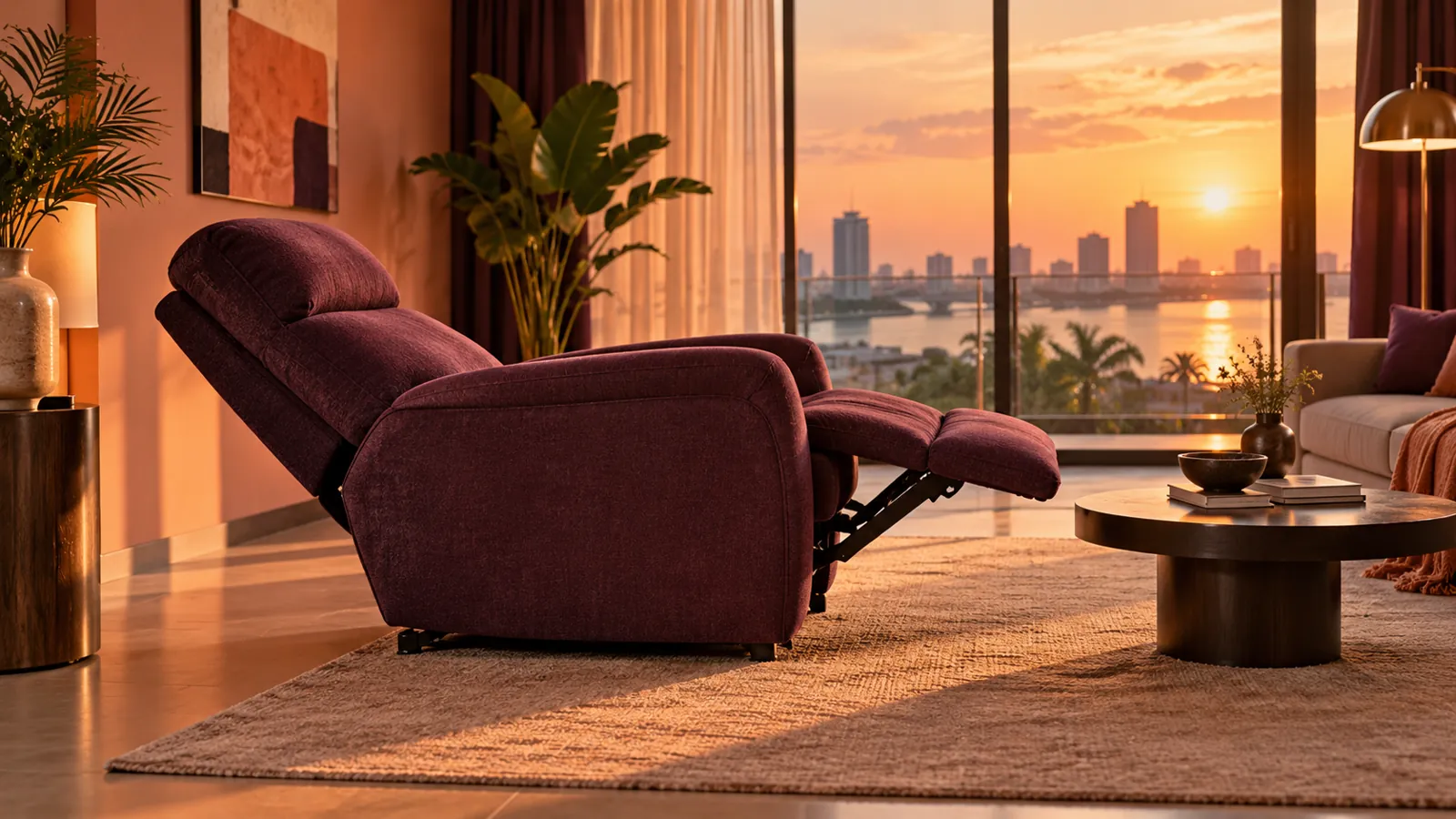 Plum recliner fully extended beside a coffee table at sunset