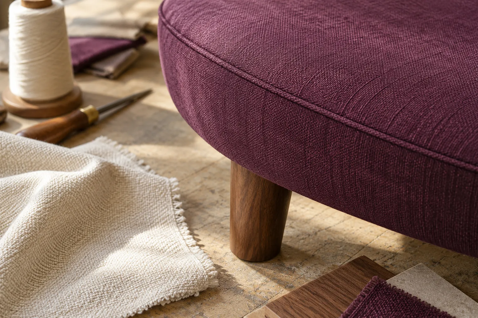 Plum upholstery seam and wood leg sample in a bright workshop