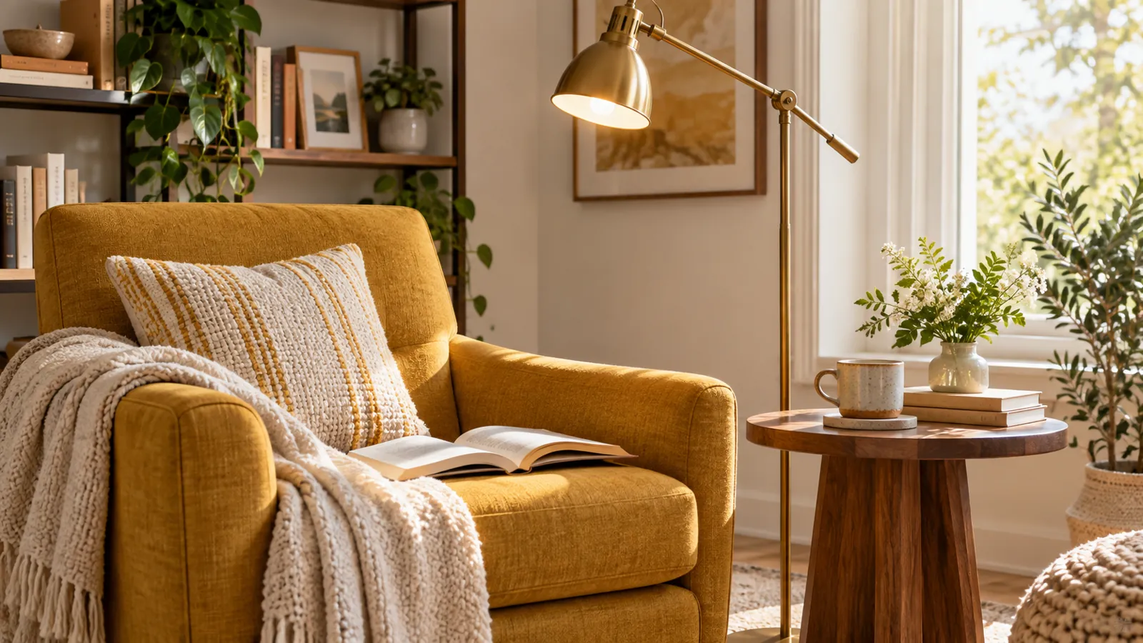 Reading chair, book and adjustable floor lamp in morning light
