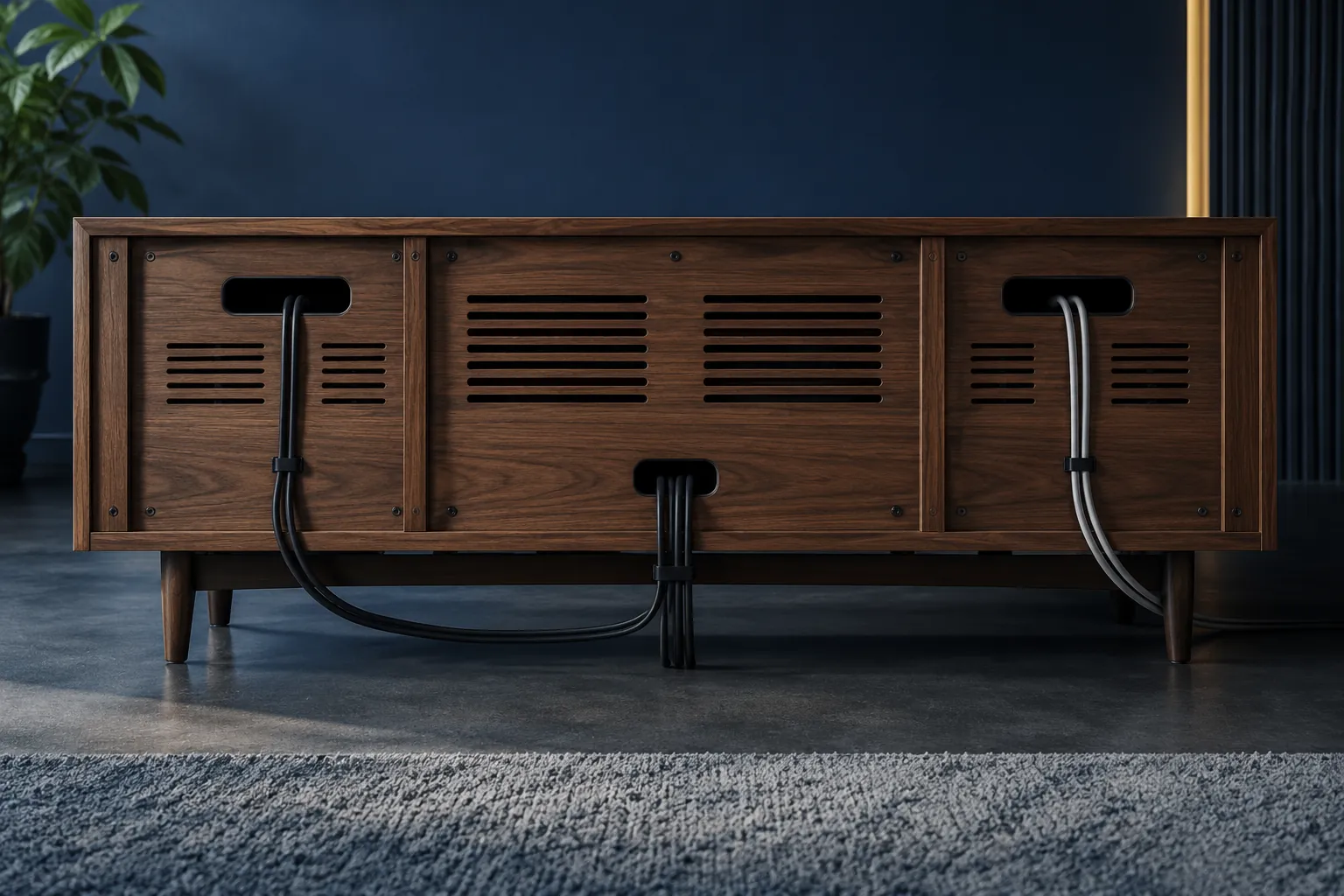 Rear view of a wooden media cabinet with ventilation slots and routed black cables.