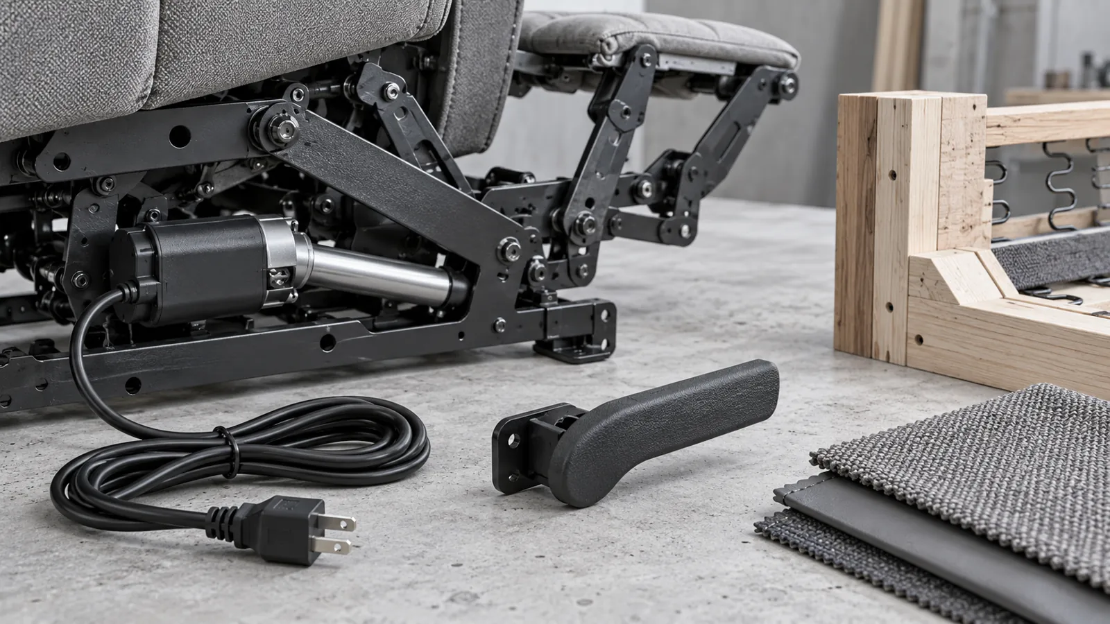 Recliner mechanism, cable, handle and upholstery construction details