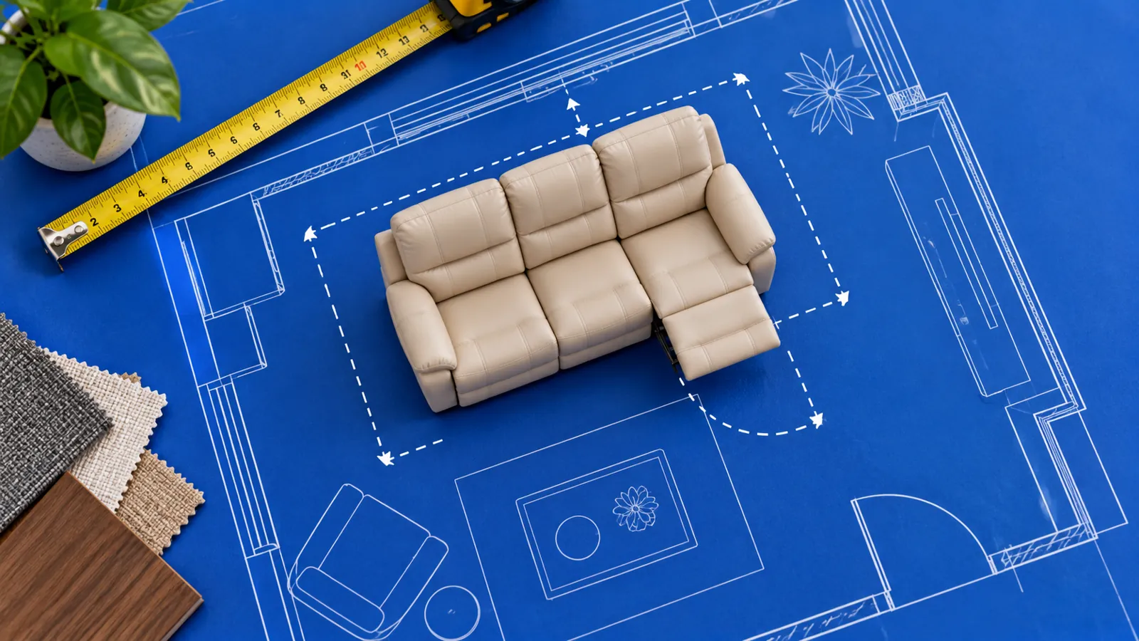 Recliner sofa model with open footrest on a cobalt floor plan