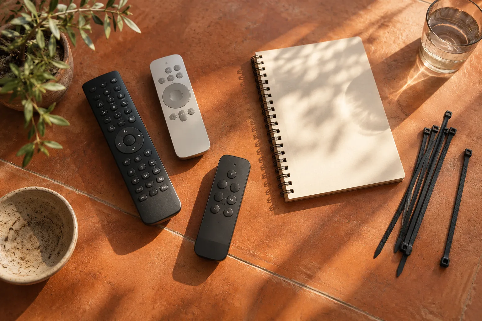 Remote controls and a blank spiral notebook on a sunlit terracotta-coloured surface.
