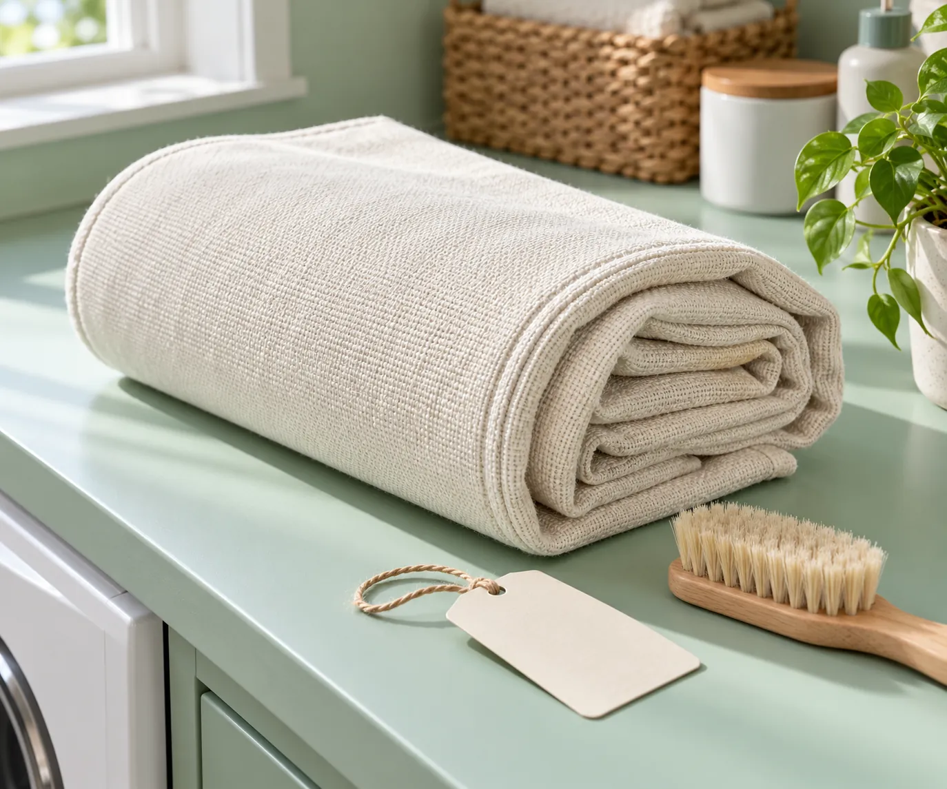 Rolled ivory textile and care tools on a mint worktop