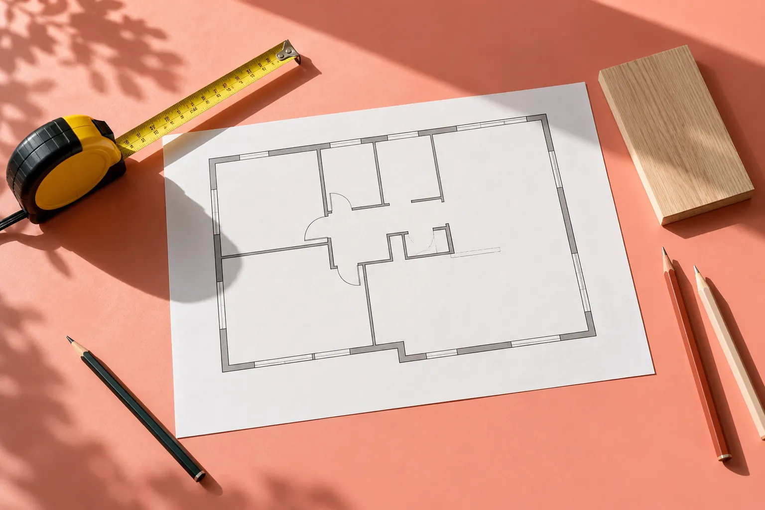 Room planning tools and timber swatch on a salmon worktable