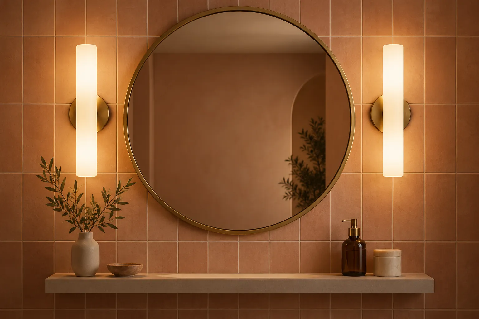 Round mirror between vertical lights against a terracotta wall