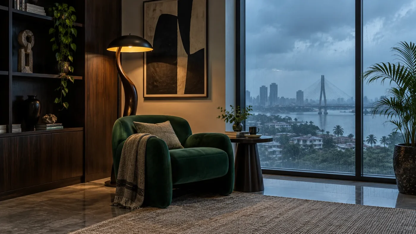 Sculptural floor lamp beside an emerald reading chair in rainy Lagos light