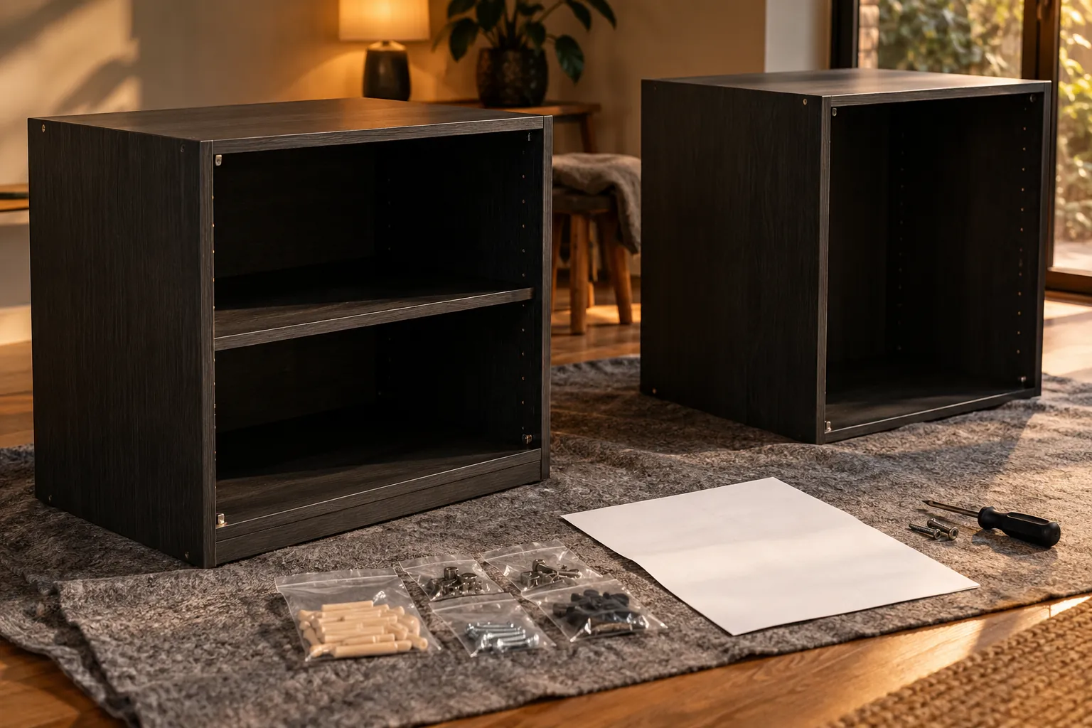 Separate cabinet modules and assembly hardware in a charcoal workshop