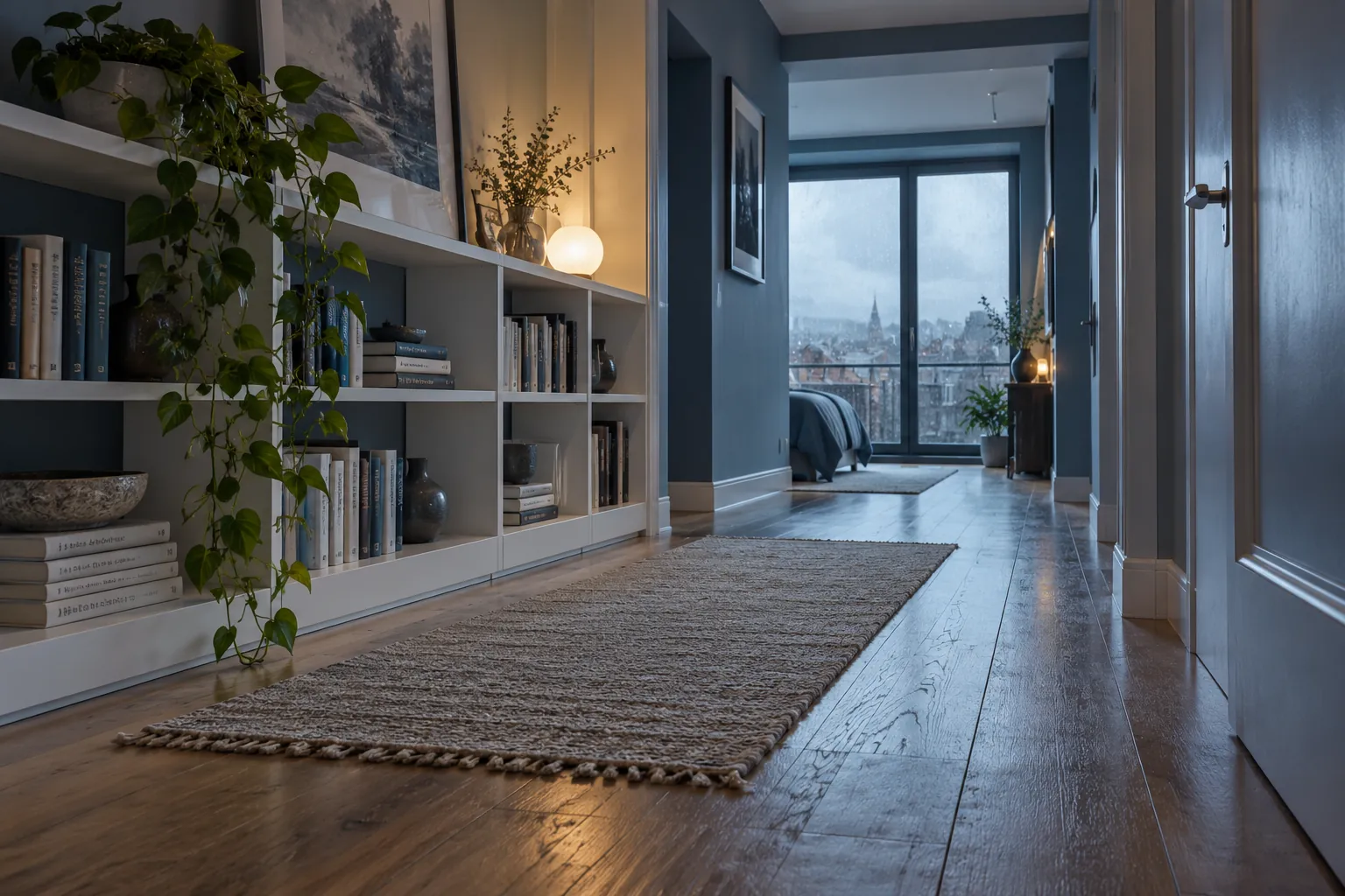Shallow white bookcase beside a clear blue apartment passage