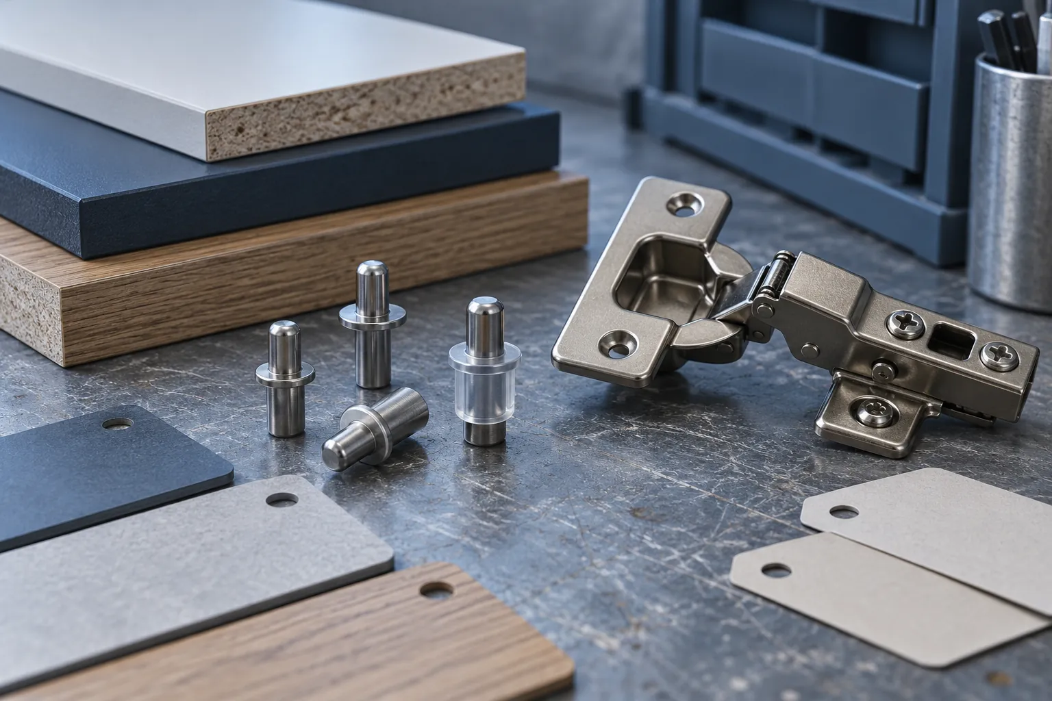 Shelf pins, cabinet hinge and finish samples on a workshop bench
